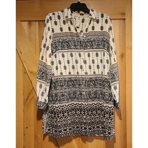 Chicos Tunic Top Womens  SZ Medium 1 Ivory Black Shirt Dress Floral Button Boho